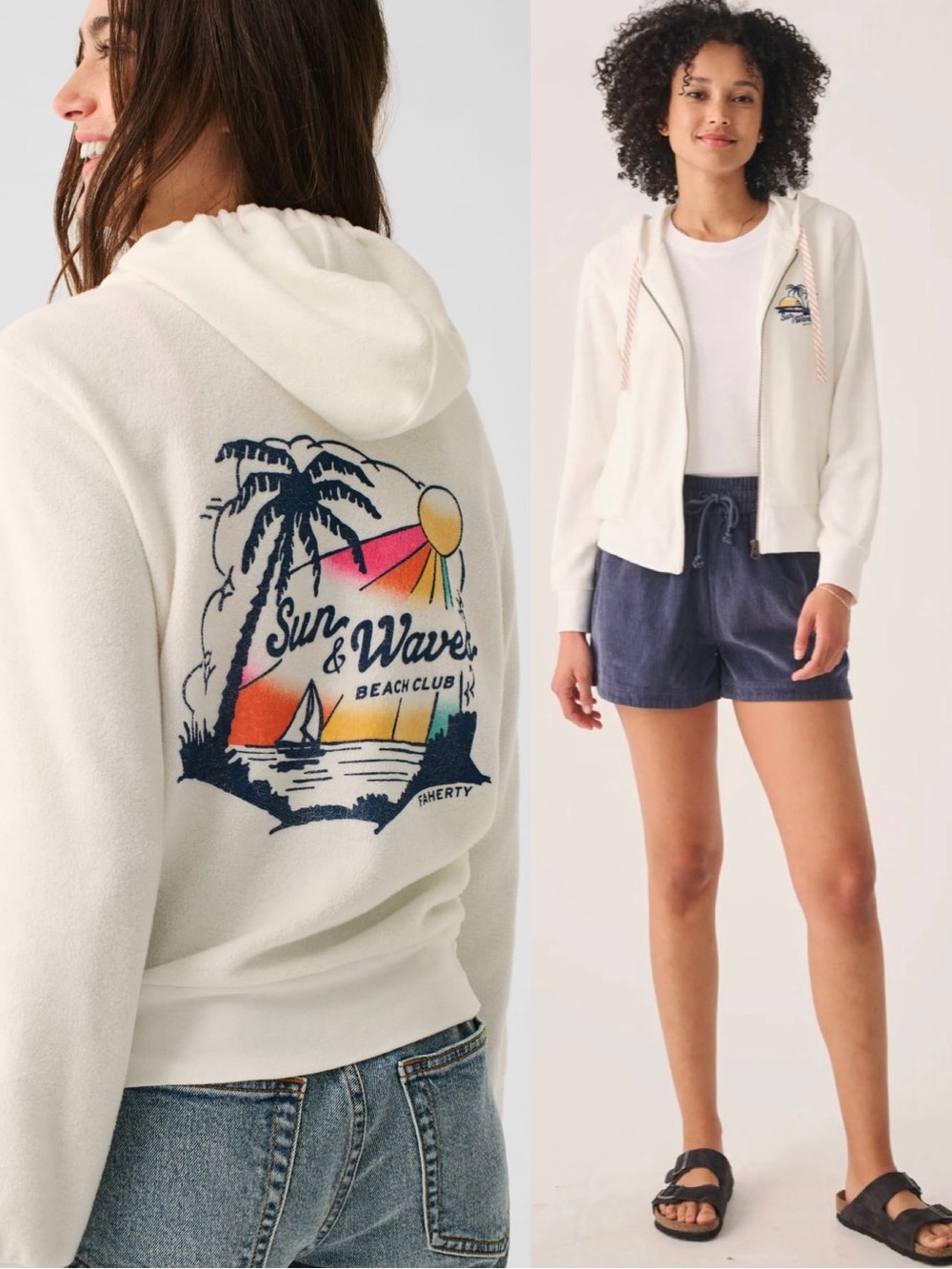 Faherty Reverse Beach Fleece Zip Hoodie White Medium NWT Organic Cotton Blend